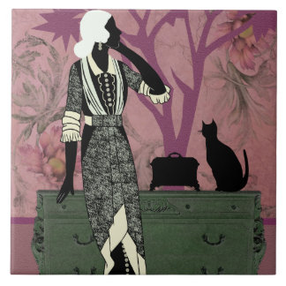 Azulejo De Cerâmica Suzanne & gato, forma do vintage no Lilac & verde