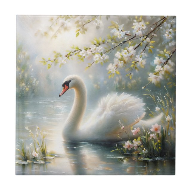 Azulejo De Cerâmica Swan Branco sobre a Pintura Floral no Lago (Frente)