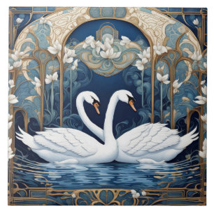 Azulejo De Cerâmica Swan Casal Art Nouveau Bird Art Deco Blue
