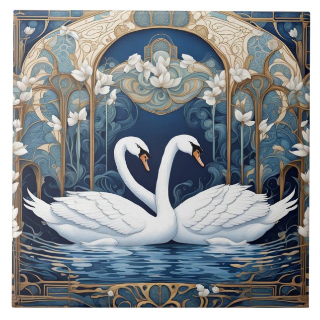 Azulejo De Cerâmica Swan Casal Art Nouveau Bird Art Deco Blue (Frente)