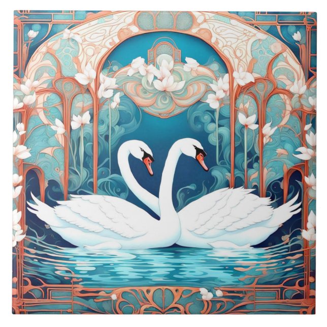 Azulejo De Cerâmica Swan Casal Art Nouveau Bird Turquoise Aqua Blue (Frente)