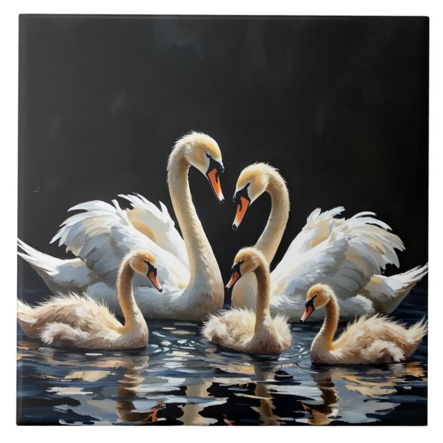 Azulejo De Cerâmica Swan Family on Black Lake Artwork (Frente)