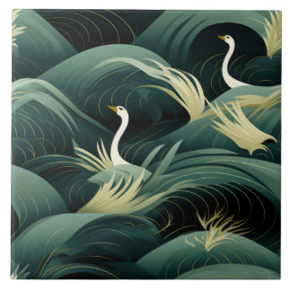 Azulejo De Cerâmica Swans in Waves, Chic Modern Design