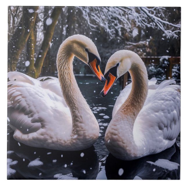 Azulejo De Cerâmica Swans Românticos em uma Terra Maravilha de inverno (Frente)