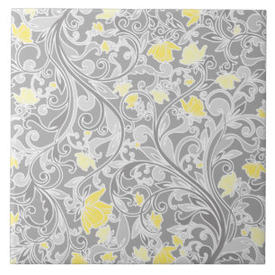 Azulejo De Cerâmica Swirly amarelo e cinzento moderno floral