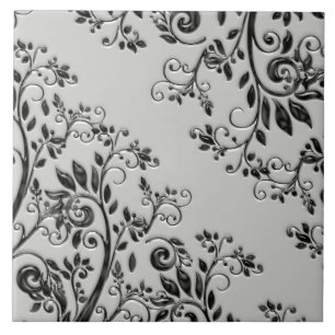 Azulejo De Cerâmica Swirly preto gravado floral