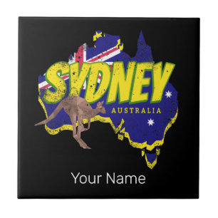 Azulejo De Cerâmica Sydney Austrália Retro Kangaroo E Flag Vintage