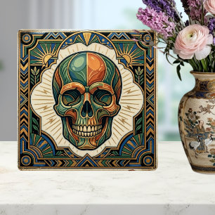 Azulejo De Cerâmica T Caveira Art Déco Esmeralda Verde Laranja Dourado