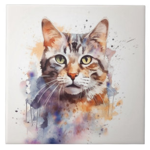 Azulejo De Cerâmica Tabby Cat com olhos verdes, Pet Watercolor
