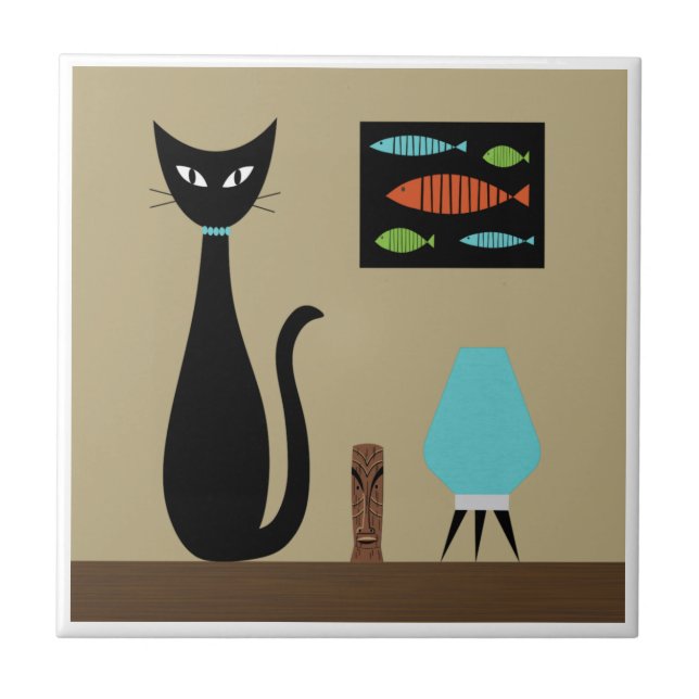 Azulejo De Cerâmica Tabletop Cat com Peixe Retroativo (Frente)