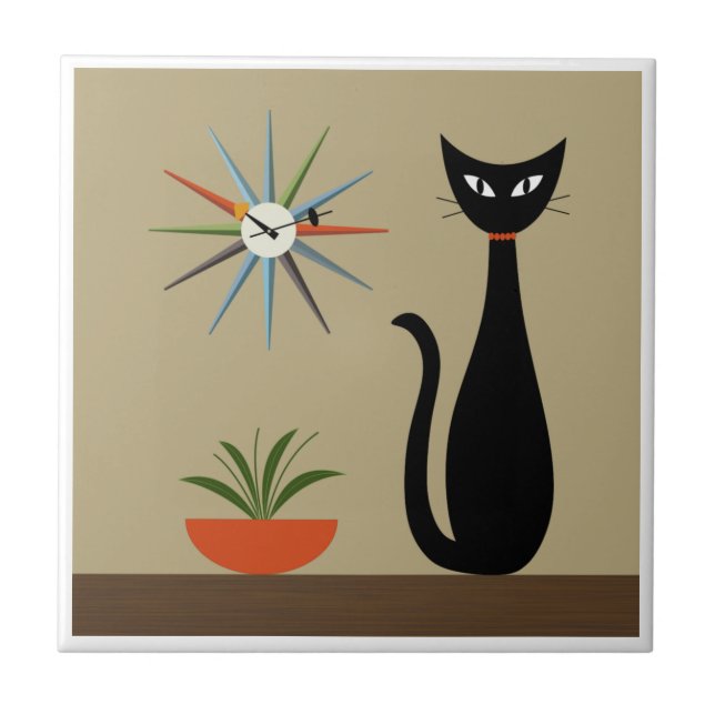 Azulejo De Cerâmica Tabletop Cat de meio século com Relógio de Inicial (Frente)