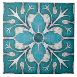 Azulejo De Cerâmica Talavera 01 Azul Teal Cinza Floral Mediterrâneo