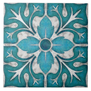 Azulejo De Cerâmica Talavera 01 Azul Teal Cinza Floral Mediterrâneo