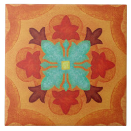 Azulejo De Cerâmica Talavera 02 Laranja Vermelho Azul Floral Mediterrâ