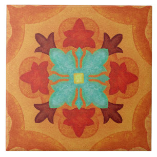 Azulejo De Cerâmica Talavera 02 Laranja Vermelho Azul Floral Mediterrâ