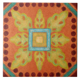 Azulejo De Cerâmica Talavera 04 Laranja Amarelo Azul Mediterrâneo Geo