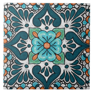 Azulejo De Cerâmica Talavera 06 Azul Teal Verde Floral Mediterrâneo