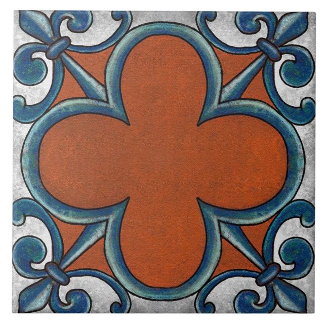 Azulejo De Cerâmica Talavera 07 Rust Blue Grey Mediterranean Geo (Frente)