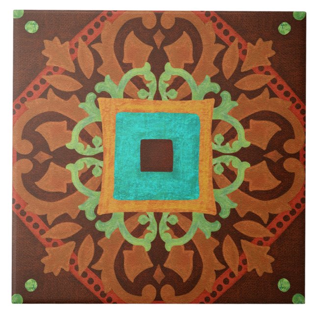 Azulejo De Cerâmica Talavera 08 Rust Blue Brown Mediterranean Geo (Frente)