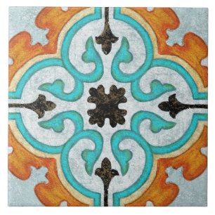 Azulejo De Cerâmica Talavera 09 Laranja Cinza Aqua Mediterrâneo Geo