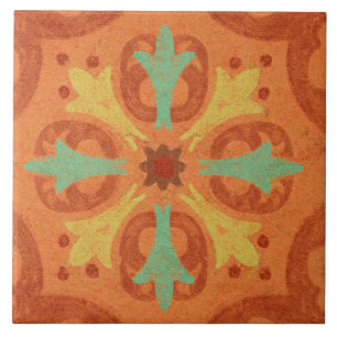 Azulejo De Cerâmica Talavera 16 Laranja Ferrugem Aquamarinho Geo Medit