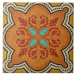 Azulejo De Cerâmica Talavera 17 Laranja Vermelho Aqua Floral Mediterrâ