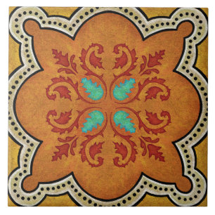 Azulejo De Cerâmica Talavera 17 Laranja Vermelho Aqua Floral Mediterrâ
