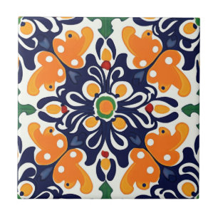 Azulejo De Cerâmica Talavera Azul Laranja Mexicano Espanhol Sem Costur