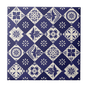 Azulejo De Cerâmica Talavera de Flores e Pássaros Bege Índigo Escuro M