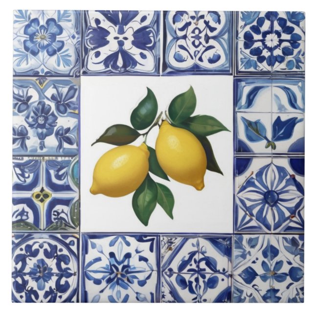 Azulejo De Cerâmica Talavera Lemons - Blue and White Mediterranean (Frente)