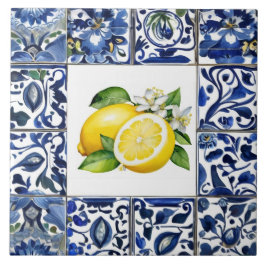 Azulejo De Cerâmica Talavera Lemons Dark Blue and White Mediterranean