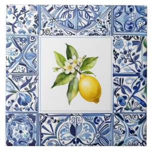 Azulejo De Cerâmica Talavera Limões Azul Claro e Branco Mediterrâneo