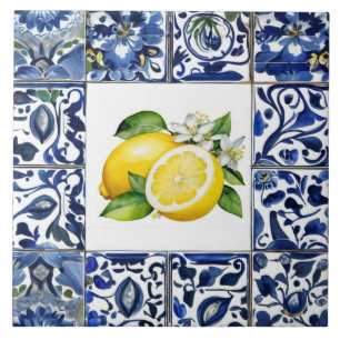 Azulejo De Cerâmica Talavera Limões Azul Escuro e Branco Mediterrâneo