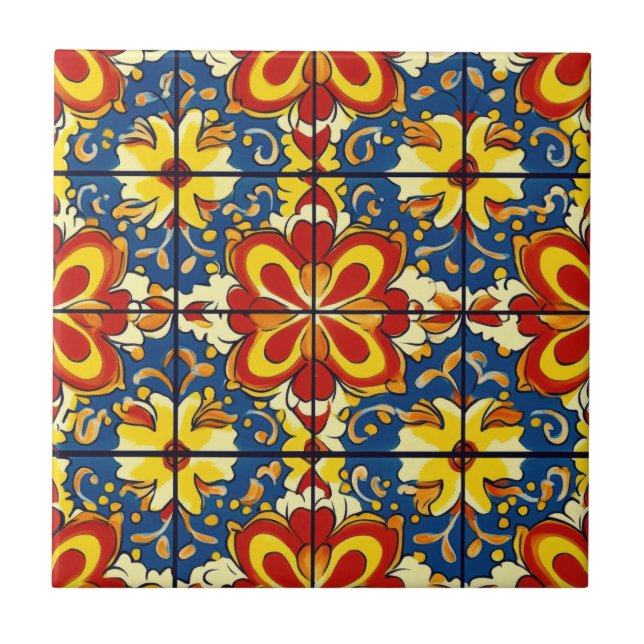 Azulejo De Cerâmica Talavera Seamless Blue Red Amarelo mexicano (Frente)
