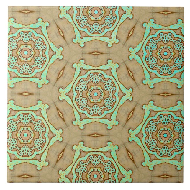Azulejo De Cerâmica Tan e Turquoise Arabesque (Frente)