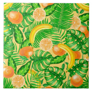 Azulejo De Cerâmica Tangerinas, bananas e folhas tropicais