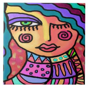 Azulejo De Cerâmica Tão feliz retrato digital Abstrato de uma mulher