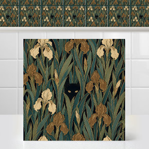 Azulejo De Cerâmica Tapeçaria de Folhas de Íris com Gato Preto Gótico