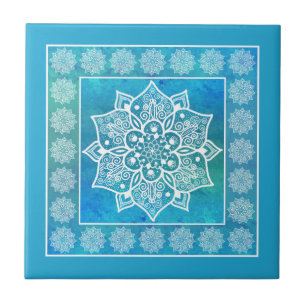 Azulejo De Cerâmica Taquicardia azul de Boho, tangerina, mandala flora
