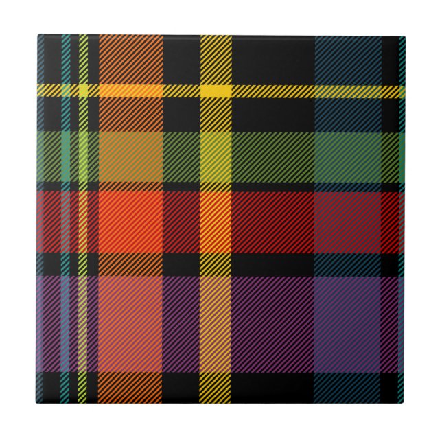 Azulejo De Cerâmica Tartan preto, vermelho, amarelo, verde e roxo (Frente)