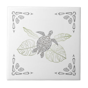 Azulejo De Cerâmica Tartaruga Cinza E Ornamento Tropical