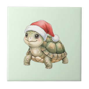 Azulejo De Cerâmica Tartaruga de Natal com Chapéu de Papai Noel aquare