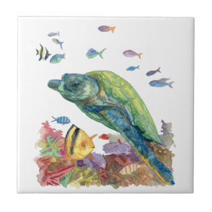 Azulejo De Cerâmica Tartaruga e peixes no mar