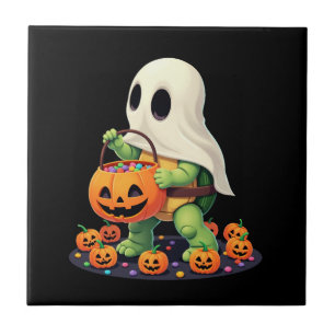 Azulejo De Cerâmica Tartaruga Fantasma de Halloween Adorável com Doce