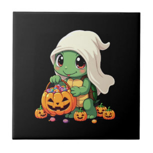Azulejo De Cerâmica Tartaruga Fantasma de Halloween Adorável com Doce