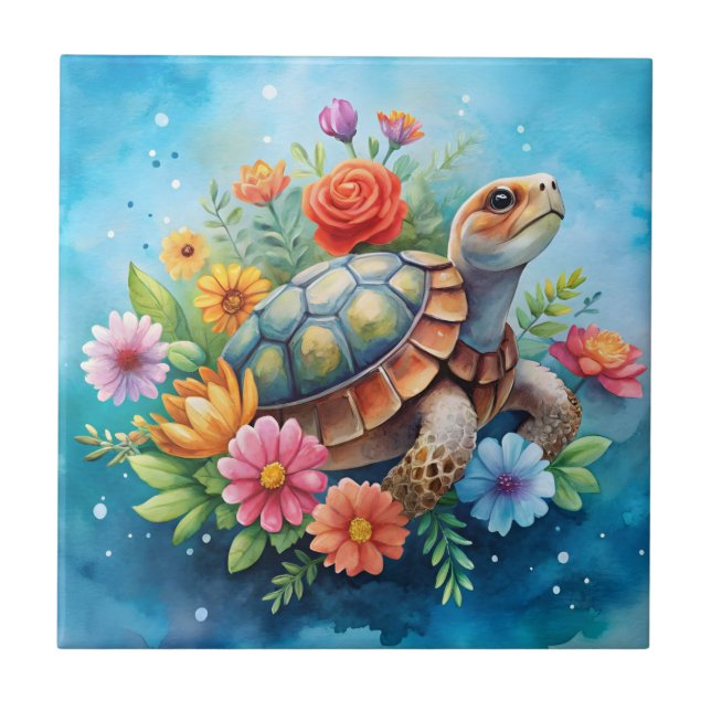 Azulejo De Cerâmica Tartaruga Floral (Frente)
