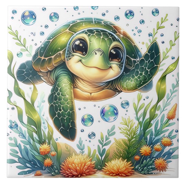 Azulejo De Cerâmica Tartaruga fofa (Frente)