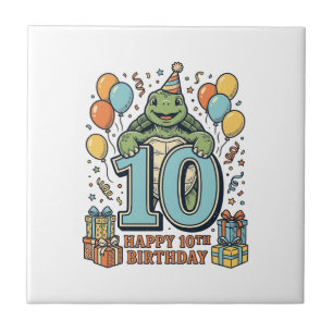 Azulejo De Cerâmica Tartaruga Fofa Aniversário de 10 anos Design de Fe
