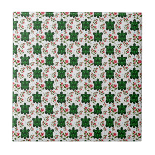 Azulejo De Cerâmica Tartaruga Fofa e Padrão Floral Sem Costura