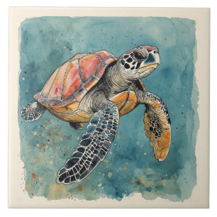 Azulejo De Cerâmica Tartaruga Marinha Aquarela